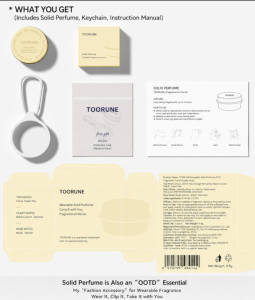 Complete TOORUNE wearable solid perfume set including solid perfume, silicone case, keychain, packaging and instruction manual.