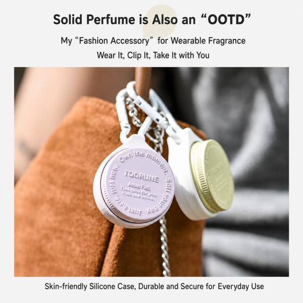 TOORUNE Wearable Solid Perfume – Fashion Fragrance Accessory TOORUNE wearable solid perfume attached to a handbag with a silicone keychain case for portable everyday fragrance.