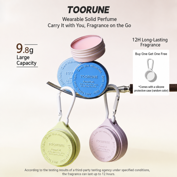 Portable Wearable Solid Perfume Portable wearable solid perfume with silicone keychain case available in multiple colors for everyday use.